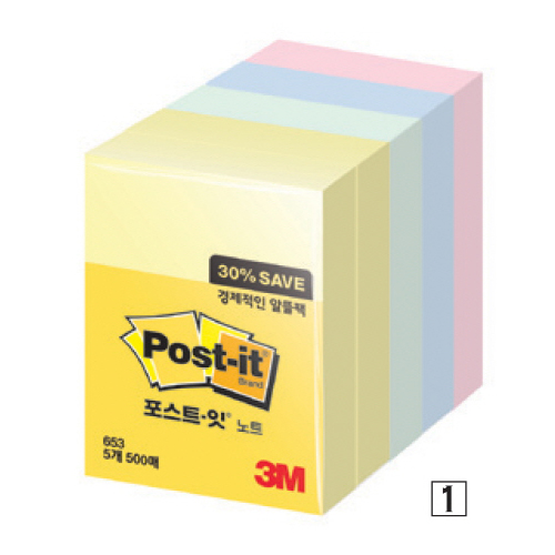 (2045501) 포스트잇(653-5A/노랑2+애플민트+크림블루+러블리핑크/51*38mm)