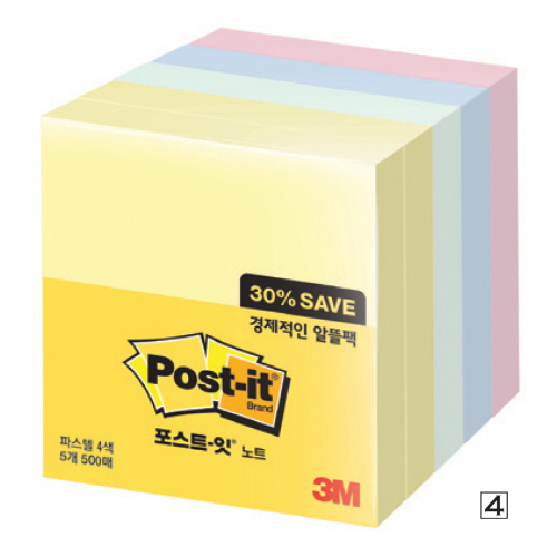 (2045503) 포스트잇(654-5A/노랑2+애플민트+크림블루+러블리핑크/76*76mm)