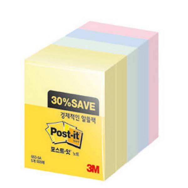 3M 포스트-잇® 노트 알뜰팩 653-5A(51x38mm,노랑(2)민트,블루,핑크)