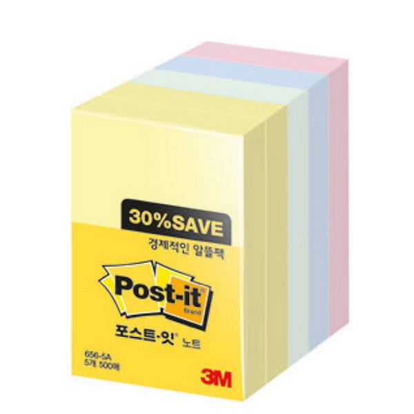 3M 포스트-잇® 노트 알뜰팩 656-5A(51x76mm,노랑(2)민트,블루,핑크)