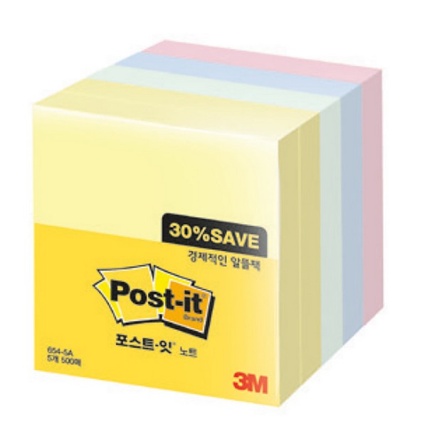 3M 포스트-잇® 노트 알뜰팩 654-5A(76x76mm,노랑(2)민트,블루,핑크)