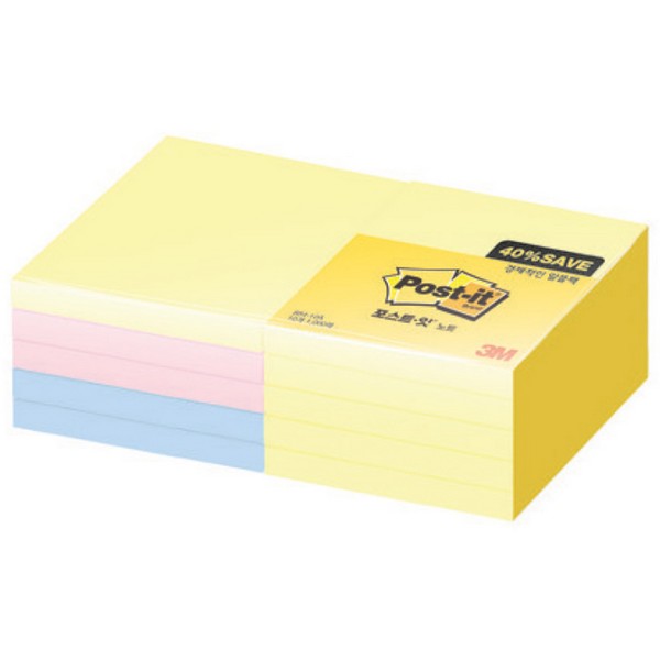 3M 포스트-잇® 노트 알뜰팩 654-10A(76x76mm,노랑(6)블루(2)핑크(2))
