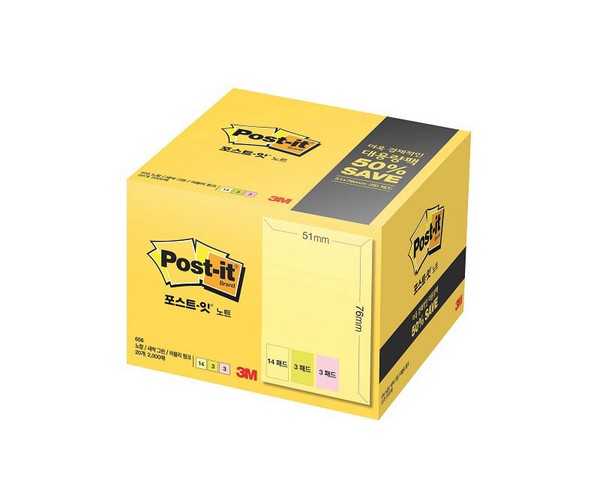 3M 포스트-잇® 노트 대용량팩 656-20A(51x76mm,노랑(14)그린(3)핑크(3))