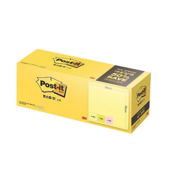 3M 포스트-잇® 노트 대용량팩 654-20A(76x76mm,노랑(16)그린(2)핑크(2))