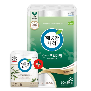 깨끗한나라(주) (구.대한펄프) 깨끗한나라 순수 프리미엄 화장지 30m30롤 1팩 + 키친타올 100매 2롤