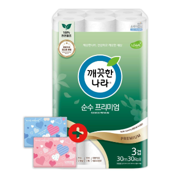 깨끗한나라(주) (구.대한펄프) 깨끗한나라 순수 프리미엄 화장지 30m30롤 1팩 +여행용티슈 40매 2개