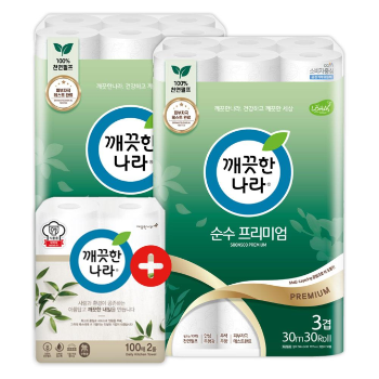 깨끗한나라(주) (구.대한펄프) 깨끗한나라 순수 프리미엄 화장지 30m30롤 2팩 + 키친타올 100매 2롤